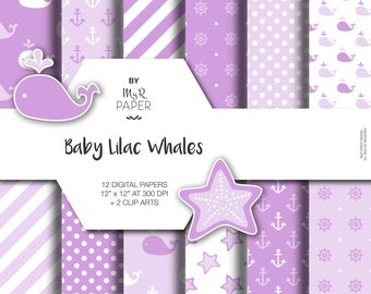 2 Clipart + Whale Digital Paper: fondos "Baby Lilac Whales" con ancla, timón, rueda de barco, ballenas, estrellas de mar. Digital Scrapbooking