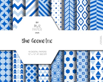 16 - Geometrisch Digitaal Papier Pack: "Blue Geometric" geometrische patronen voor scrapbooking, uitnodigingen, kaarten - afdrukbaar - Achtergronden