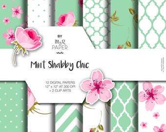 Shabby Chic Digital Paper + 2 Clipart: "Mint Shabby Chic" scrapbook background, Instant Download, perfect for wedding, invite, card