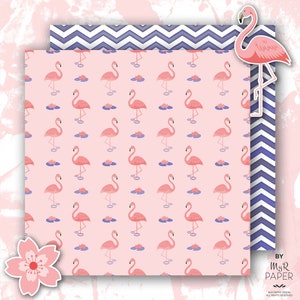 Flamingo Digital Paper 2 Clipart: Coral & Blue Tropical backgrounds w/ monstera leaf, flamingo, lotuse and water lilie. Scrapbooking image 3