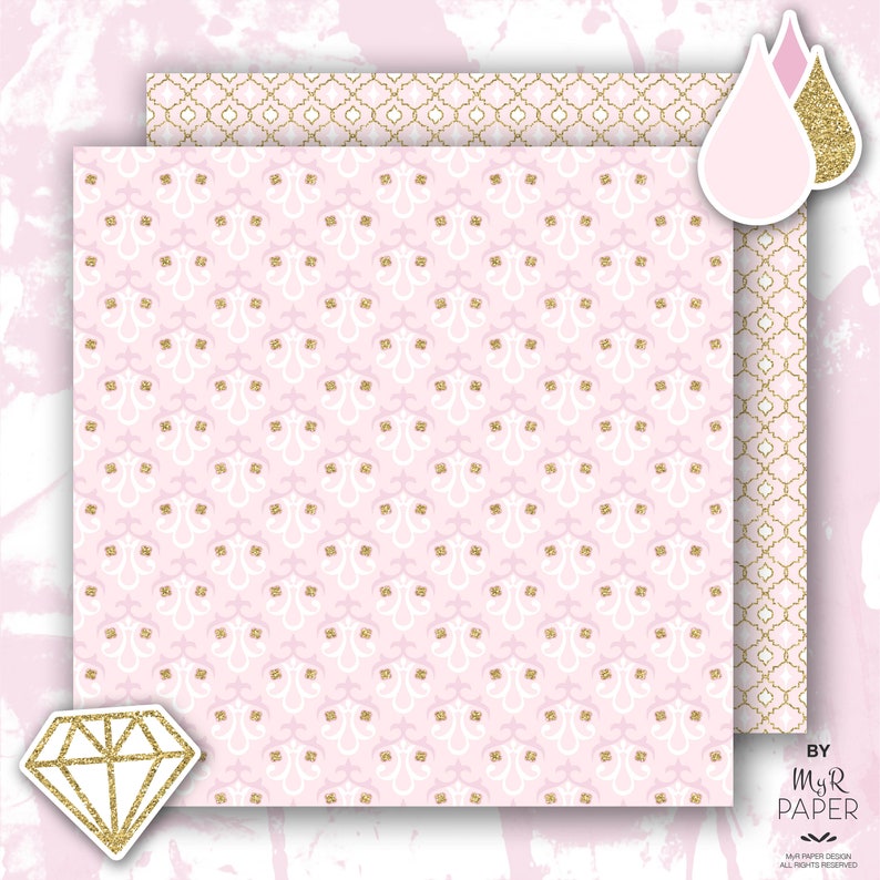 Gold glitter pink digital paper 2 ClipArt: Soft Pink light pink and gold glitter pack of backgrounds with chevron, dots, stripes, hearts image 7