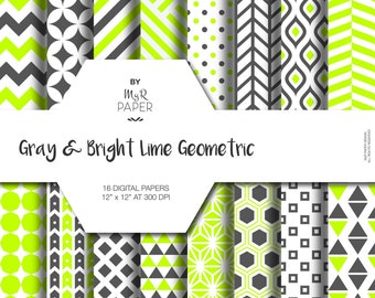 Geometrisch digitaal papierpakket: "Gray &Bright Lime" geometrische patronen voor scrapbooking, uitnodigingen, kaarten - afdrukbaar - Achtergronden