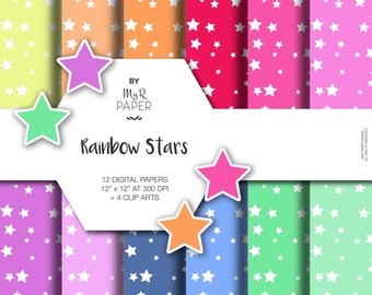 4 ClipArt + Star Digital Paper Pack: "Rainbow Stars" -Printable Background- starry, white stars, Baby Shower - 12x12 - Digital Scrapbooking