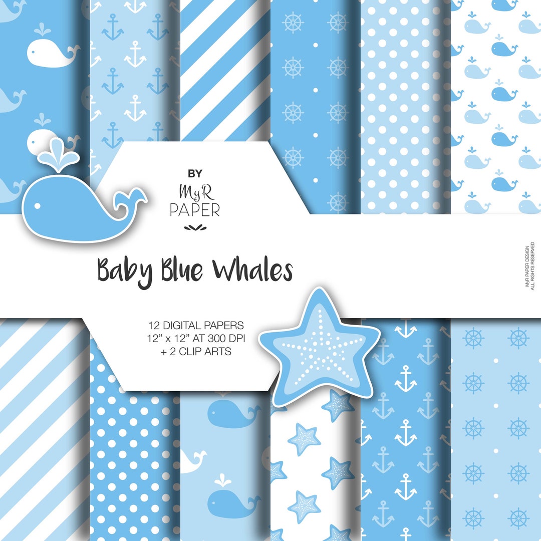 2 Clipart Digital Paper Baby Blue Whales Backgrounds With Anchor