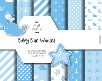 2 Clipart + Digital Paper: " Baby Blue Whales" backgrounds with anchor, rudder, ship'swheel, whale, starfish. Digital Scrapbooking