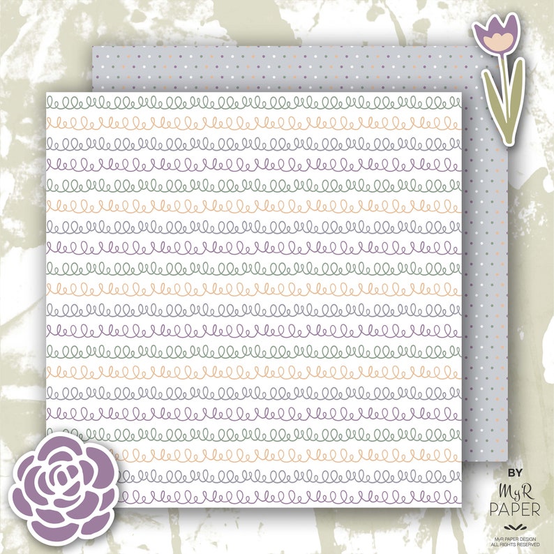 2 Clipart doodle flowers: Peach tulip with bloom Digital Paper floral invite Green /& Lilac perfect for scrapbooking card leaf