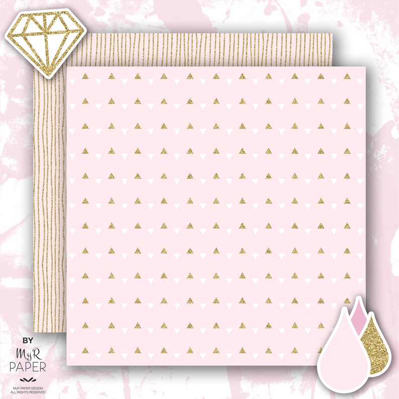 Gold glitter pink digital paper 2 ClipArt: Soft Pink light pink and gold glitter pack of backgrounds with chevron, dots, stripes, hearts image 6