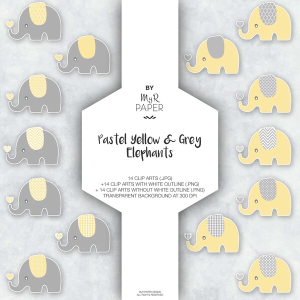 Elephant Clipart: “Pastel Yellow & Gray Elephants” on transparent background, instant download, zoo, jungle, safari, perfect for baby shower