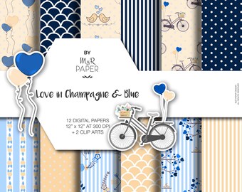 Balloon, Bird, Bike, Valentines Digital Paper + 2 Clipart: "Love in Blue & Champagne" scrapbooking, invite, card, perfect for Shabby project