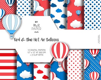 2 Clipart + Hot Air Balloons Digital Paper: "Red & Blue" for scrapbooking, invite, card – perfect for vintage project and baby shower