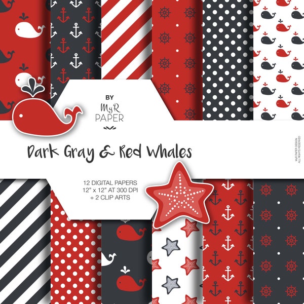 2 Clipart + Digital Paper: "Dark Gray & Red Whales" backgrounds with anchor, rudder, ship'swheel, whale, starfish. Digital Scrapbooking