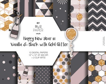 2 Clipart + Happy New Year Digital Papers: "Vanilla & Black with Gold Glitter" backgrounds perfect for New Year Planner, Stickers, Cards.