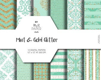 Glitter digitaal papier: "Mint &Gold Glitter" stippen, damast, chevron, vierkanten, strepen. Digitaal scrapbooken