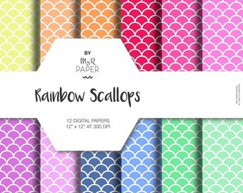 Scallop Digital Paper Pack: "Rainbow Scallops" - Printable Background - Shells Paper, Fish Scale Pattern, Scale Paper. Digital Scrapbooking