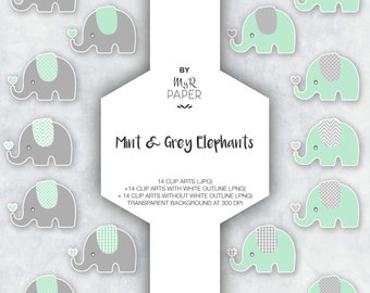 Elephant Clipart: “Mint & Grey Elephants” on transparent background, instant download, zoo, jungle, safari, perfect for baby shower
