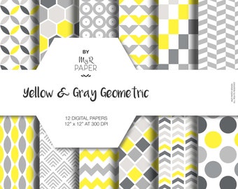 Geometrisch digitaal papier: "GEOMETRIC YELLOW &GRAY" digitaal papieren pakket met gele en grijze geometrische achtergronden