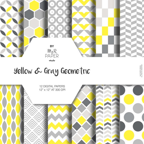 Geometric digital paper: "GEOMETRIC YELLOW & GRAY" digital paper pack with yellow and grey geometric backgrounds