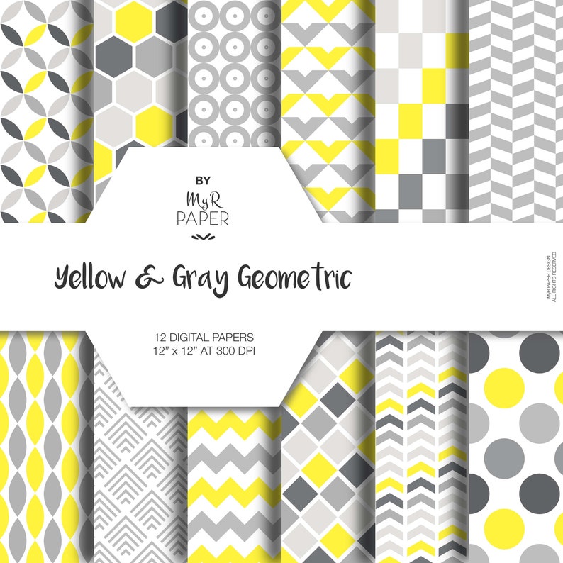 Geometric digital paper: GEOMETRIC YELLOW & GRAY digital paper pack with yellow and grey geometric backgrounds image 1