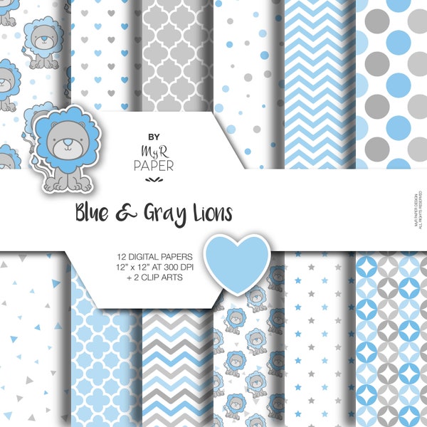 2 ClipArt + Löwen digitales Papier: "Blue &Grey Lions" digitales Scrapbooking, pastell, perfekt für Baby Shower, Einladungen, Karten - Direkter Download