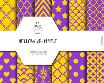 Digital Paper: "Yellow & Purple" Patterns Pack and Backgrounds with Damask, Polka Dots, Chevron, Stars, Hearts in Dark Purple and Yellow