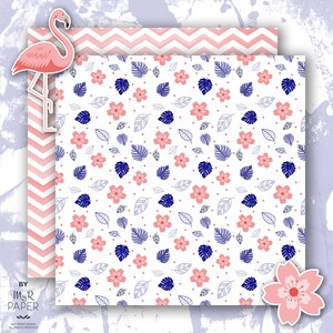 Flamingo Digital Paper 2 Clipart: Coral & Blue Tropical backgrounds w/ monstera leaf, flamingo, lotuse and water lilie. Scrapbooking image 6