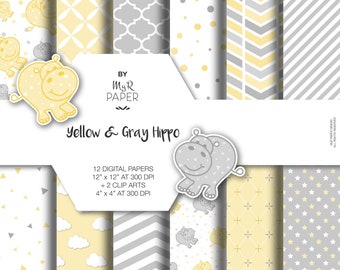 Hippopotamus digital paper + 2 ClipArt: "Yellow & Gray Hippo" scrapbooking - pastel, perfect for Baby Shower, invite, card, Instant Download