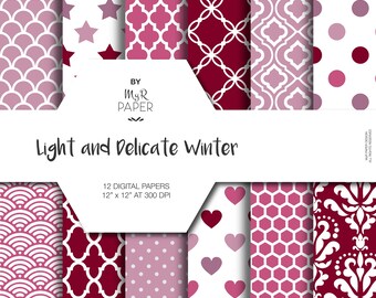 Digital Paper: "Light & Delicate Winter" Patterns Pack and Backgrounds with Damask, Polka Dots, Stars, Hearts in Lilac, Plum, Gray and White