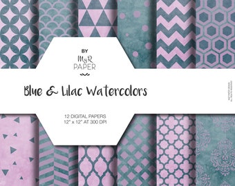 Watercolor Digital Paper: "Blue & Lilac Watercolors" for scrapbooking, invite, card - damask, triangles, dots, chevron, hexagons