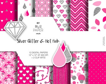 Silber Glitzerpapier + 2 ClipArt: "Silver Glitter & Hot Pink" Silber Glitzer auf pinkem Hintergrund mit Chevron, Punkten, Herzen