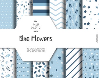 Blue  Digital Paper: "Blue Flowers" pack of backgrounds with floral, leaves, stars, hearts, digital scrapbooking, perfect for invite, card