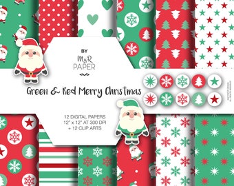 12 Clipart + 12 Christmas Digital Paper: "Green & Red Merry Christmas" Xmas backgrounds w/ stars, snowflakes, trees, sparks. Printable