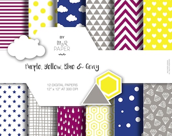 Digital Paper Pack: "Purple, Yellow, Blue & Gray" dots, clouds, triangles, chevron, hearts, stars, drops, confetti, diamonds, hexagons.