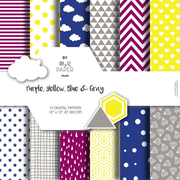 Digital Paper Pack: "Purple, Yellow, Blue & Gray" dots, clouds, triangles, chevron, hearts, stars, drops, confetti, diamonds, hexagons.