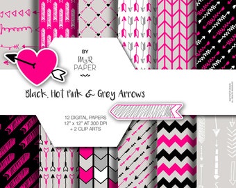 2 Clipart + Arrow digital paper: "Black, Hot Pink & Grey Arrows" digital paper pack of backgrounds with arrows, chevrons and zig zag