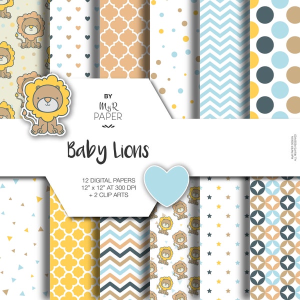 2 ClipArt + Löwe digitales Papier: "Baby Lions" scrapbooking - pastell - perfekt für Baby Shower, Einladungen, Karten - Instant Download