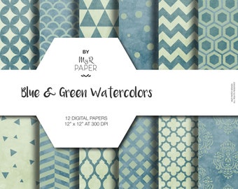 Watercolor Digital Paper: "Blue & Green" for scrapbooking, invite, card – damask, triangles, dots, chevron, hexagons