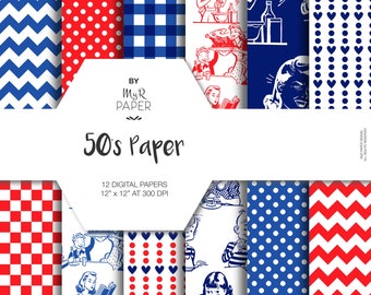 Digitaal papier: "50's Paper" Paper Pack &Achtergronden met Polka Dots, Chevron, Hearts, Gingham in wit, rood en blauw