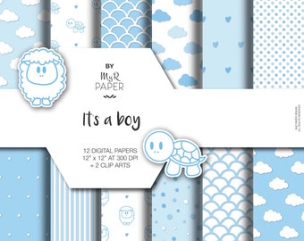 New Baby Blue Digital Paper + 2 Clipart: "It's a boy" backgrounds with sheep, turtles, dots, striped, clouds, hearts, scallop, Baby Shower