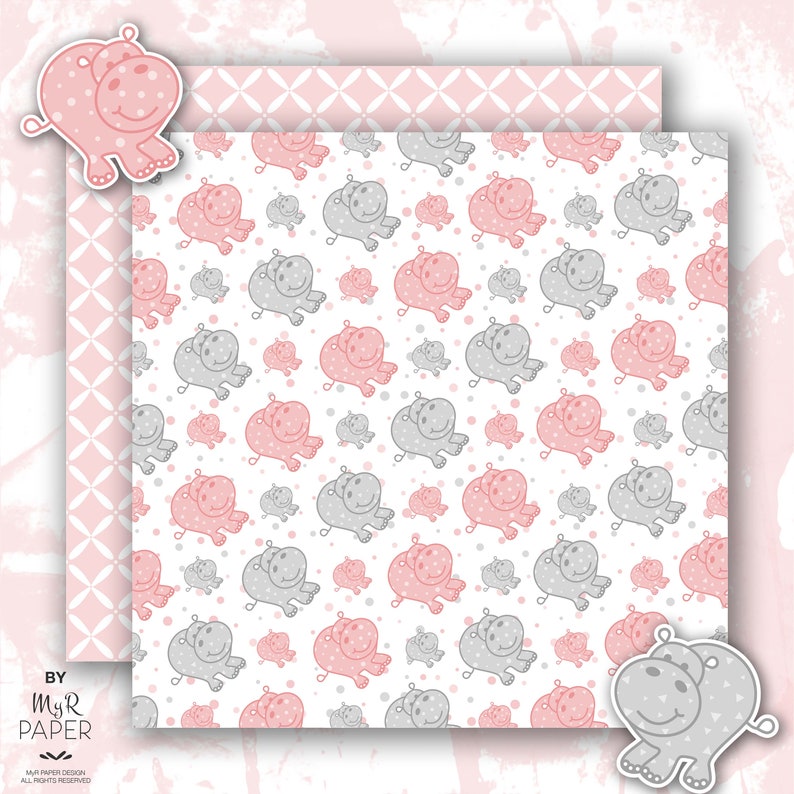 Hippopotamus digital paper 2 ClipArt: Pink & Gray Hippo scrapbooking pastel perfect for Baby Shower, invite, card, Instant Download image 2