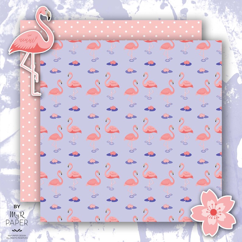 Flamingo Digital Paper 2 Clipart: Coral & Blue Tropical backgrounds w/ monstera leaf, flamingo, lotuse and water lilie. Scrapbooking image 4