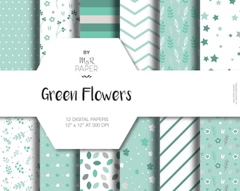 Green Digital Paper: "Green Flowers" pack of backgrounds with floral, leaves, stars, hearts, digital scrapbooking, perfect for invite, card