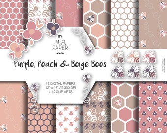 12 ClipArt + Bee digital paper: "Purple, Peach & Beige Bees" backgrounds with honeycomb and flowers, perfect for Baby Shower - Printable