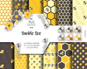 12 ClipArt + Bee digital paper: "Bumble bee" backgrounds with bees, honeycombs, honey bees and flowers - perfect for Baby Shower - Printable