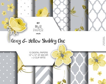Shabby Chic Digital Paper + 2 Clipart: "Gray & Yellow Shabby Chic" scrapbook background, Instant Download, perfect for wedding, invite, card