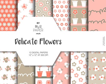 Floral Digital Paper: "Delicate Flowers" Flowers Digital Paper Pack & Backgrounds in Light Pink, Coral, Greenish Gray and Fresh White
