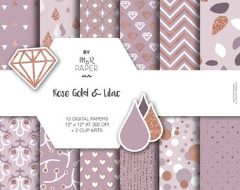 Rose gold digital paper + 2 ClipArt: "ROSE GOLD & LILAC" rose gold glitter and foil on backgrounds in lilac with chevron, dots, hearts