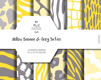 Animal Digital Paper: "Yellow Banana & Grey Safari" pattern - jungle, zoo, animals, giraffe, leopard, zebra, tiger, cow. Digital scrapbook