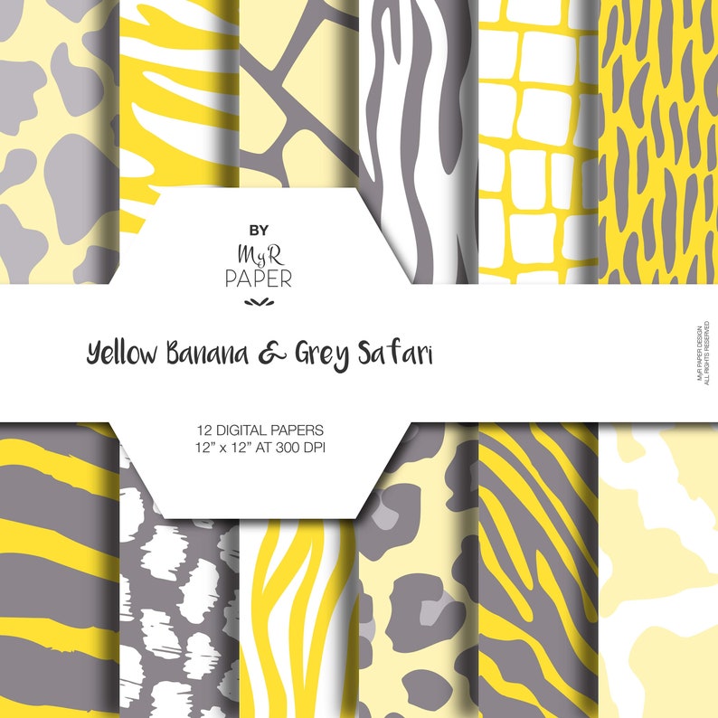 Animal Digital Paper: Yellow Banana & Grey Safari pattern jungle, zoo, animals, giraffe, leopard, zebra, tiger, cow. Digital scrapbook image 1