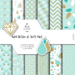 Gold glitter green digital paper + 2 ClipArt: "SOFT MINT" light green and gold glitter pack of backgrounds with chevron, dot, stripes, heart