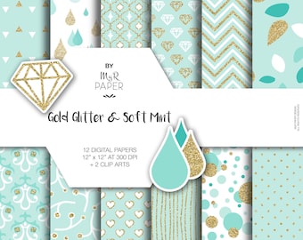 Gold glitter green digital paper + 2 ClipArt: "SOFT MINT" light green and gold glitter pack of backgrounds with chevron, dot, stripes, heart